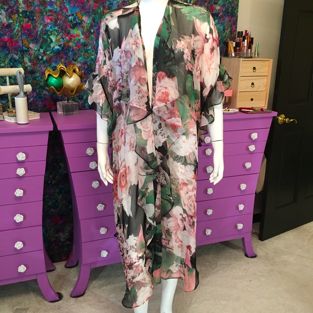 Soft & Delicate Chiffon Ruffle Pink Green Kimono